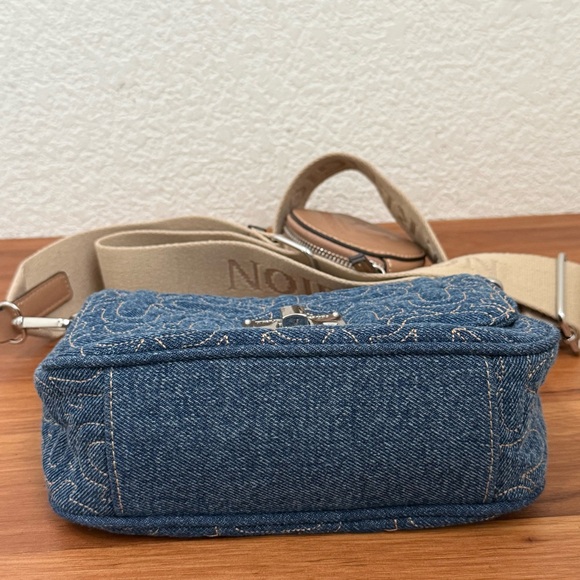 TRUE RELIGION Denim Quilted Horseshoe Wide Strap Coin Purse Flap Crossbody Bag - Picture 6 of 16